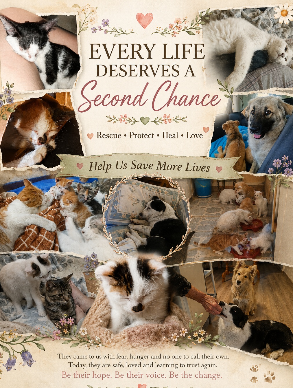 Yujilife Association Animal Protection poster: a 3D miniature model of the HOPE campus filled with rescued dogs and cats, rising through a torn map of Syria, with a goals board listing rescue, care, education, empowerment and training.